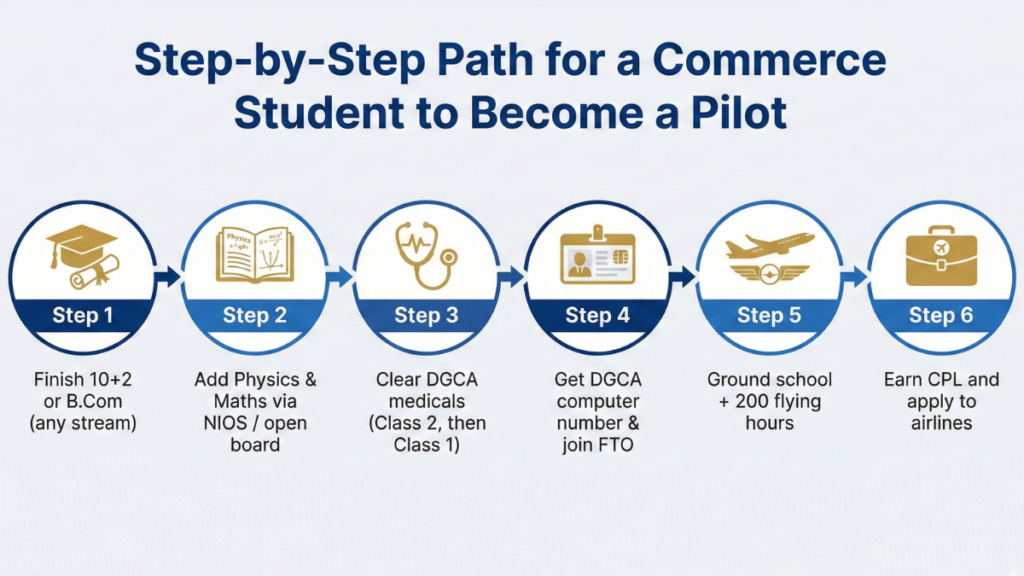 Step-by-step process for commerce students to become a commercial pilot in India