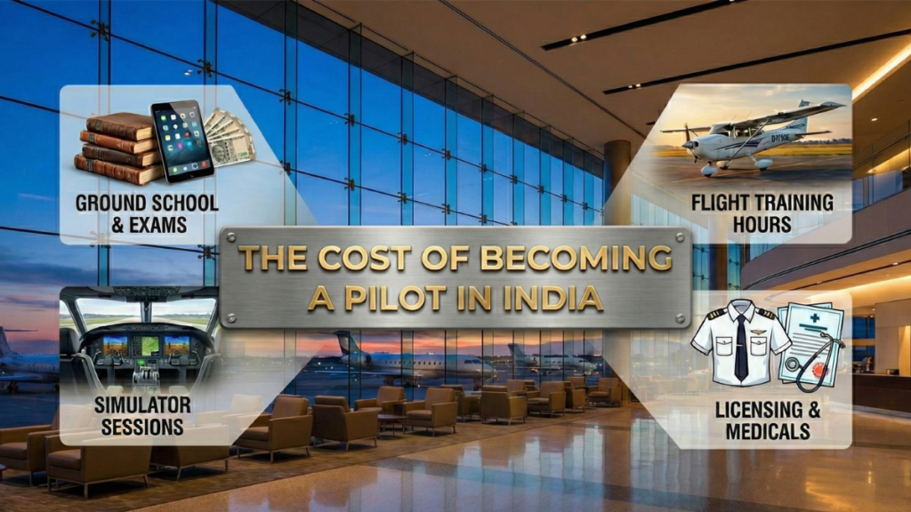 Cost breakdown of becoming a pilot in India including ground school, flight hours, simulator, and medical exams.