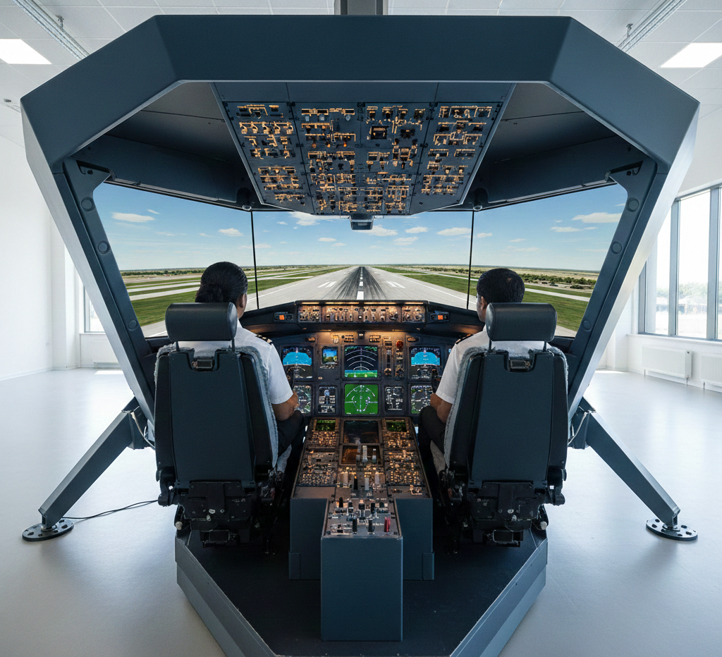 Full-motion flight simulator used for commercial pilot and airline training