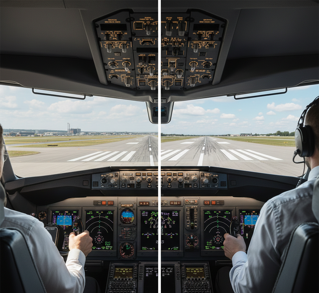 Comparison of flight simulator training and real aircraft cockpit during runway operations
