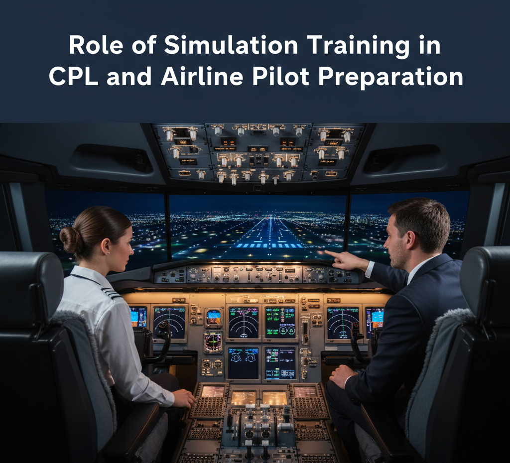 Commercial pilot and instructor practicing night landing procedures inside a full-flight simulator for airline pilot preparation