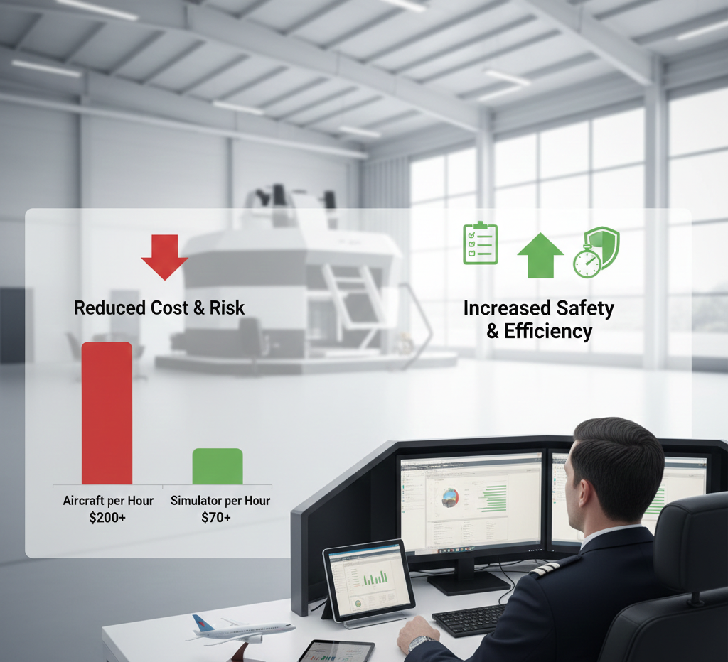 Flight simulator training setup showing reduced cost per hour compared to real aircraft flying and improved safety efficiency