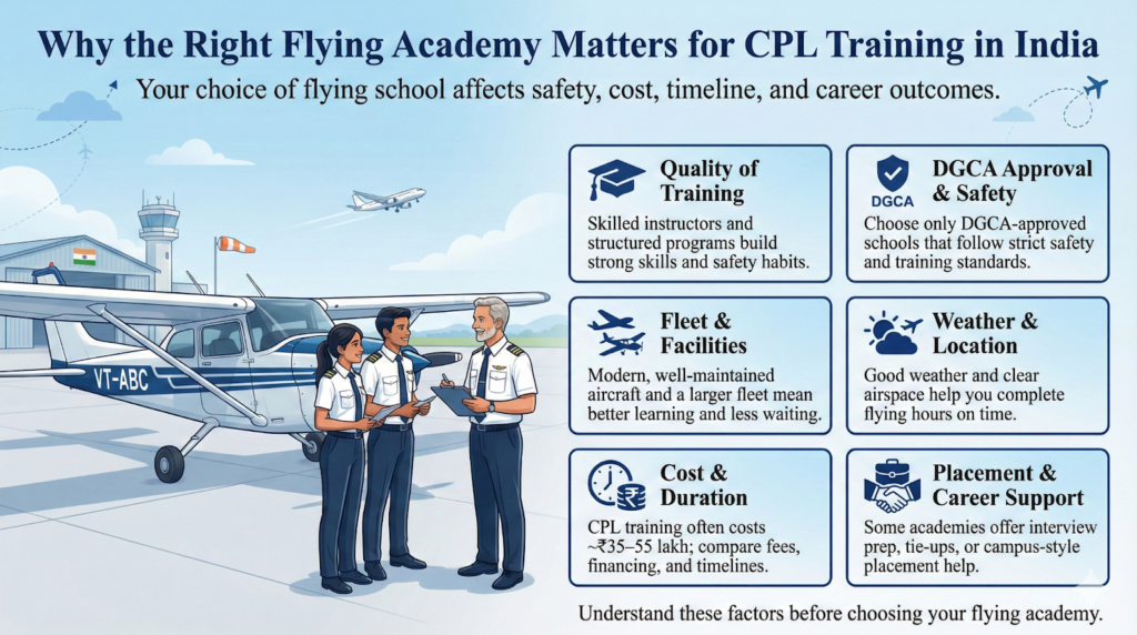 Infographic explaining key factors to choose the right flying academy for CPL training in India, including DGCA approval, training quality, fleet, cost, weather, and placement support.