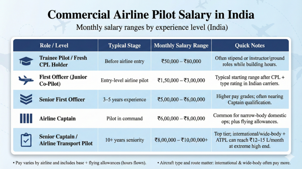 Commercial airline pilot salary growth in India