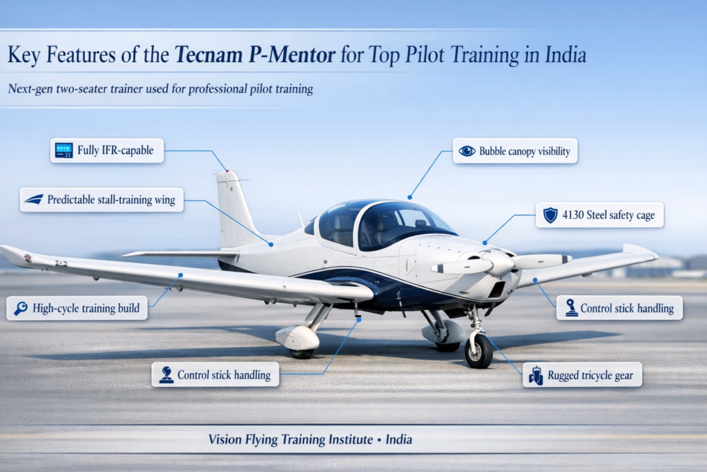 Key features diagram of Tecnam P-Mentor pilot training aircraft at VFTI