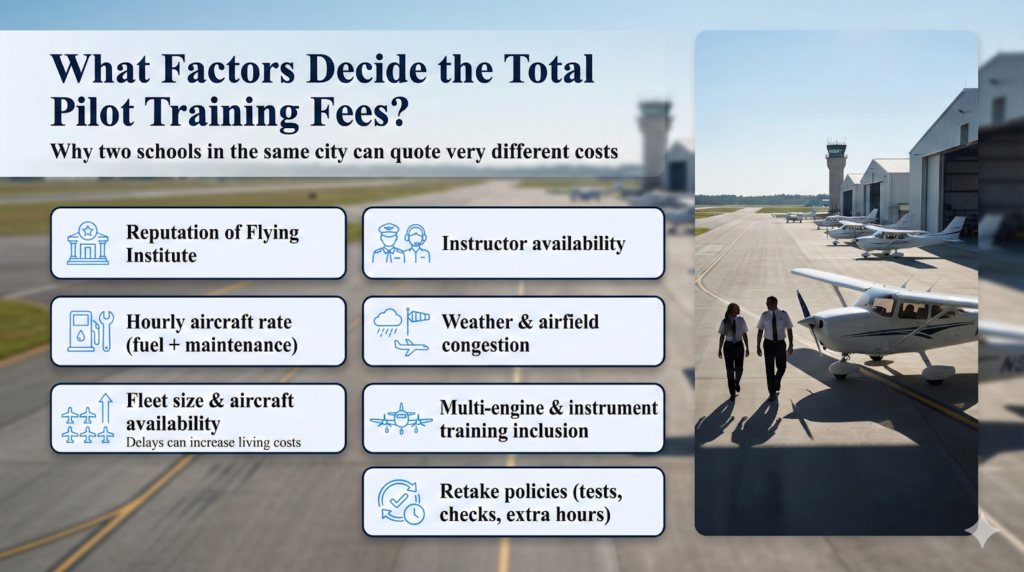 An educational infographic explaining the variables that impact the total cost of pilot training.