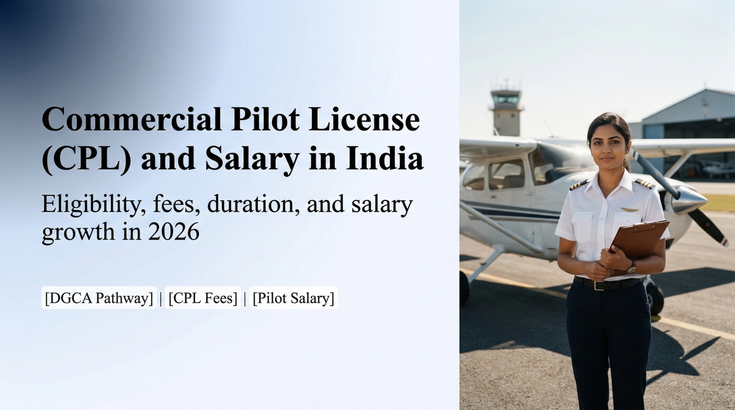 Commercial pilot standing beside training aircraft with CPL eligibility, fees, duration and salary overview.