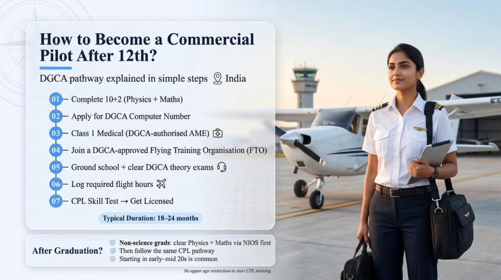 Infographic showing steps to become a commercial pilot in India after 12th beside a training aircraft.