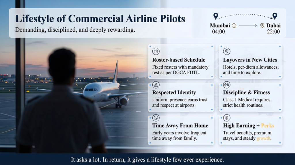 Airline pilot lifestyle infographic showing schedules, layovers, travel perks and time away from home.