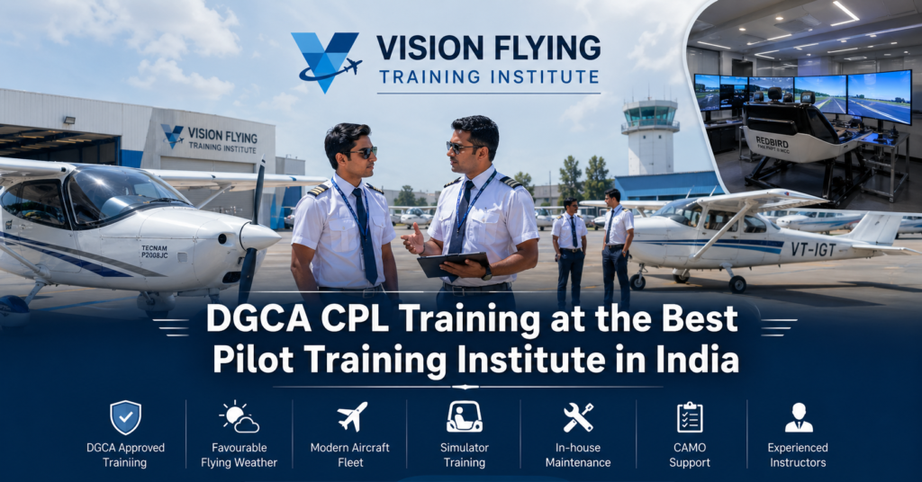 Vision Flying Training Institute ad showing trainee pilots, aircraft, simulator, and DGCA CPL training in India.