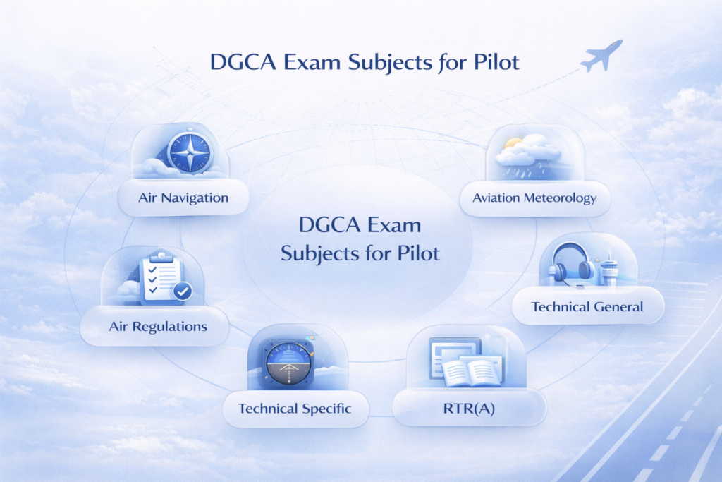 DGCA pilot exam subjects including air navigation meteorology air regulations technical general specific and RTR