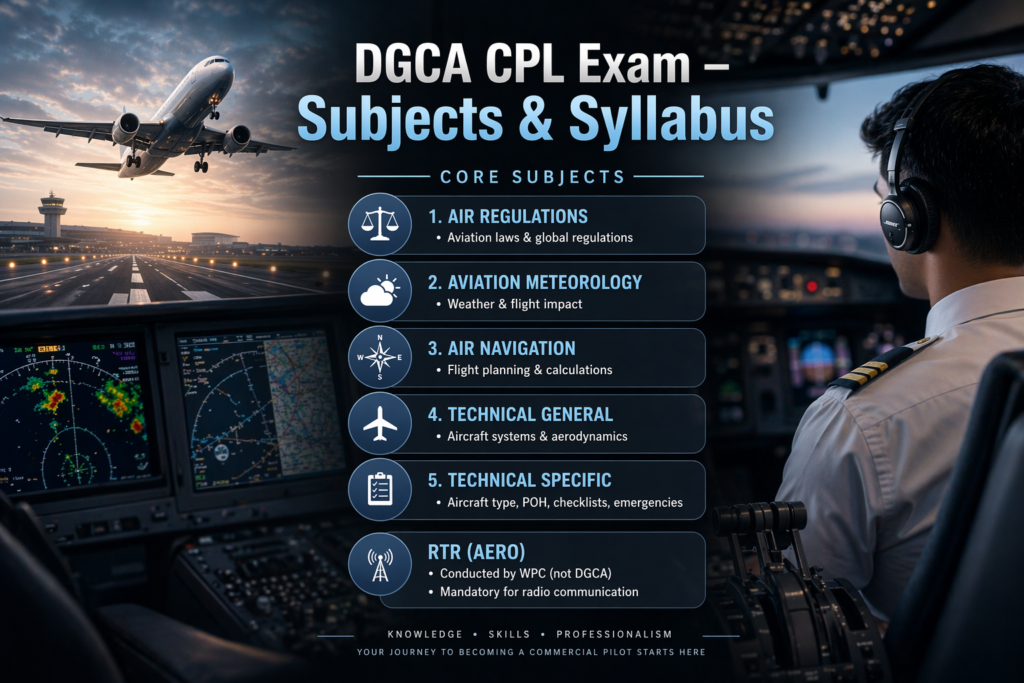 DGCA CPL Exam subjects and syllabus infographic showing Air Regulations, Aviation Meteorology, Air Navigation, Technical General, Technical Specific, and RTR Aero