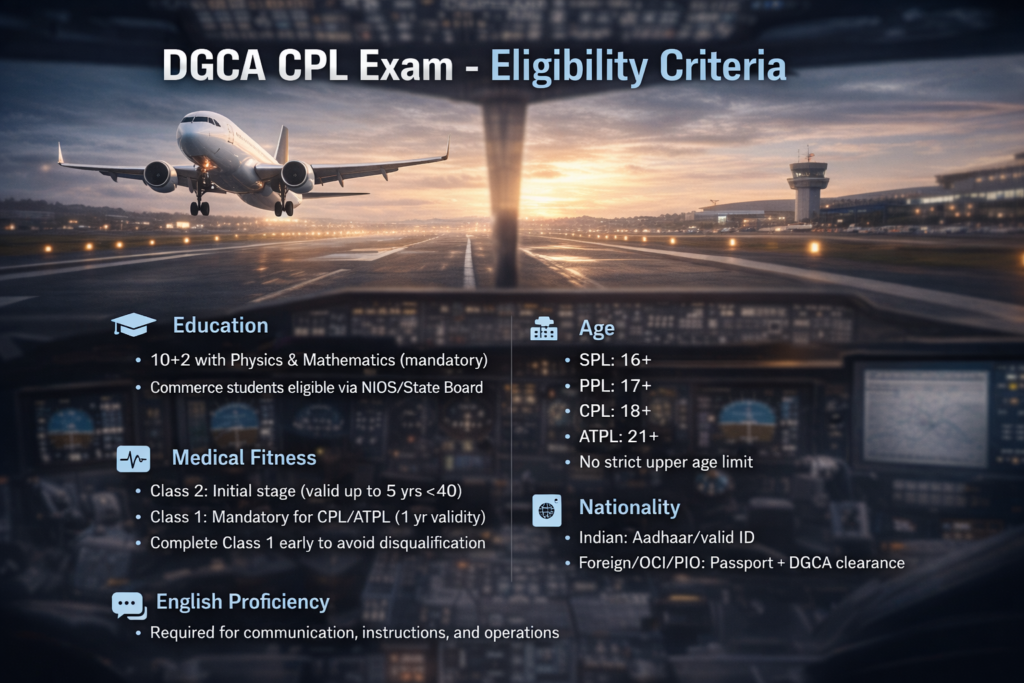 DGCA CPL Exam eligibility criteria infographic covering education, age requirements, medical fitness classes, English proficiency, and nationality documents
