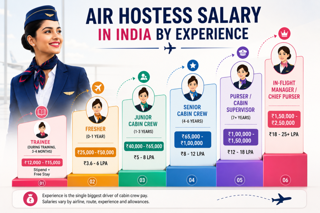 Infographic showing air hostess salary in India by experience level, from trainee and fresher roles to senior cabin crew and in-flight manager positions.