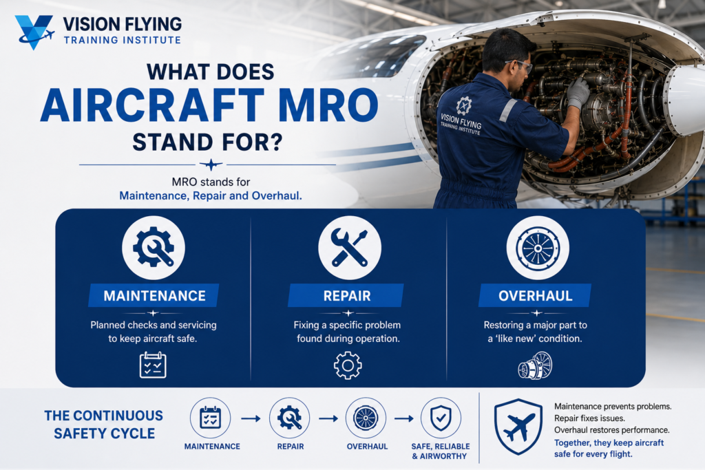 Aircraft MRO infographic showing maintenance, repair and overhaul process for aviation engineering and pilot training in India