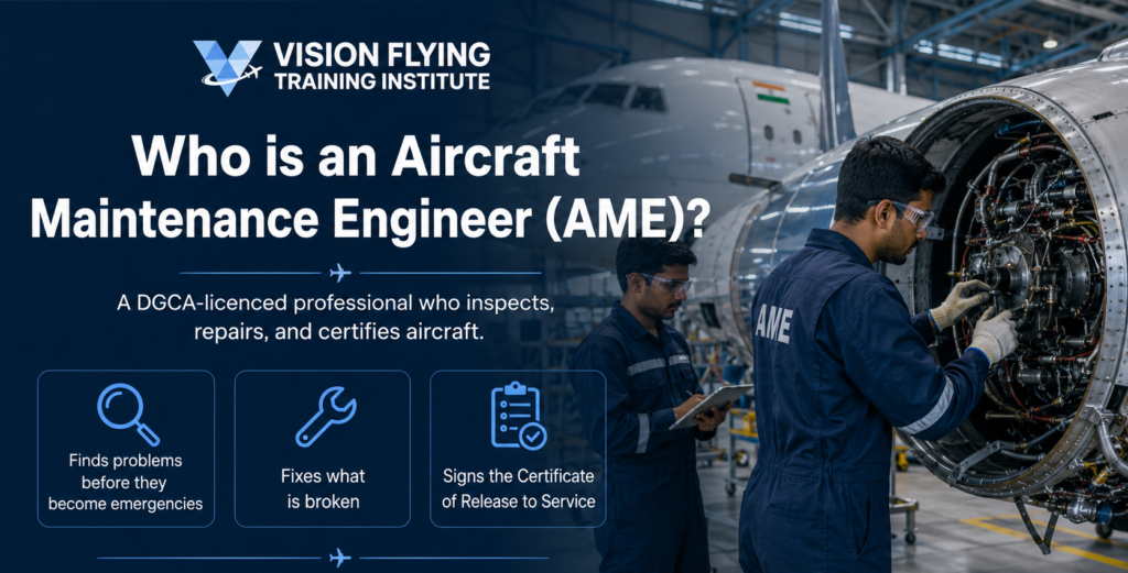 AME engineer inspecting a jet engine in a hangar at Vision Flying Training Institute.