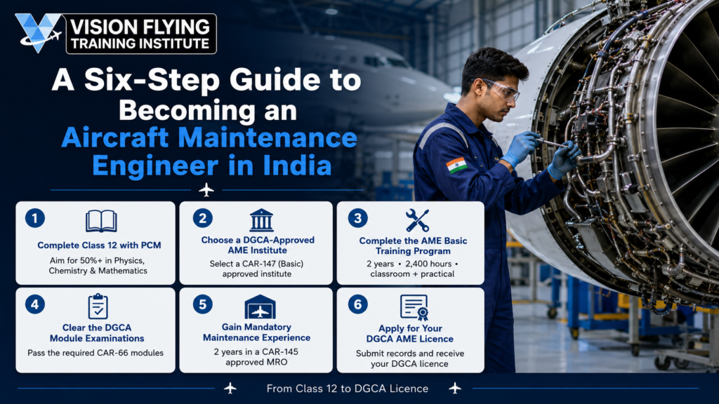 Six-step guide to becoming an aircraft maintenance engineer in India with DGCA training and licensing process.