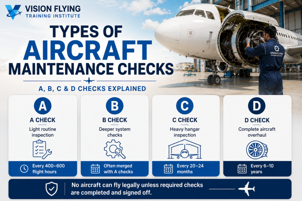 Aircraft maintenance checks infographic explaining A, B, C and D checks in aviation MRO and aircraft engineering training