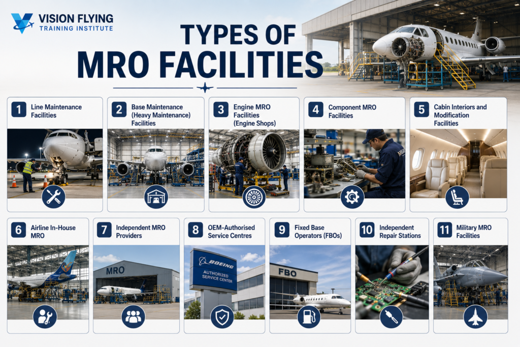 Types of aircraft MRO facilities infographic including line maintenance, engine MRO, component repair and aviation service centers