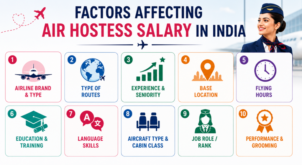 Infographic showing factors affecting air hostess salary in India, including airline type, experience, location, flying hours, education, language skills, and job role.