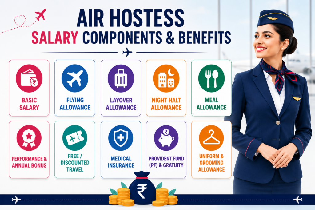 Infographic showing an air hostess salary structure and benefits, including basic pay, travel allowances, bonuses, insurance, and discounted travel, alongside a female flight attendant in uniform.