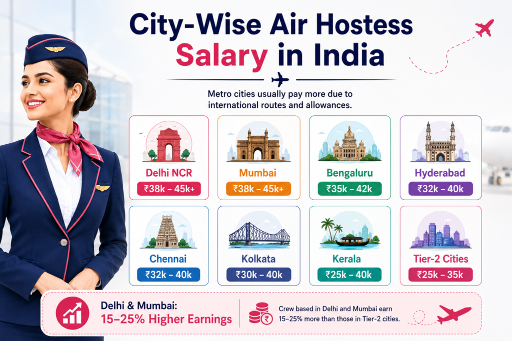 Infographic showing city-wise air hostess salary in India 2026, comparing pay ranges across Delhi, Mumbai, Bengaluru, Hyderabad, Chennai, Kolkata, Kerala, and Tier-2 cities.