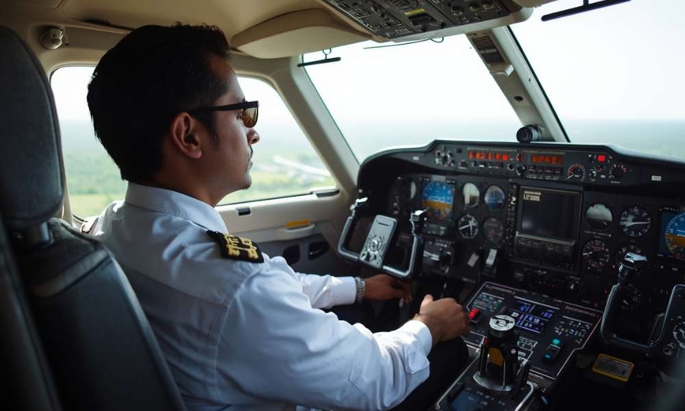 Pilot operating aircraft cockpit controls
