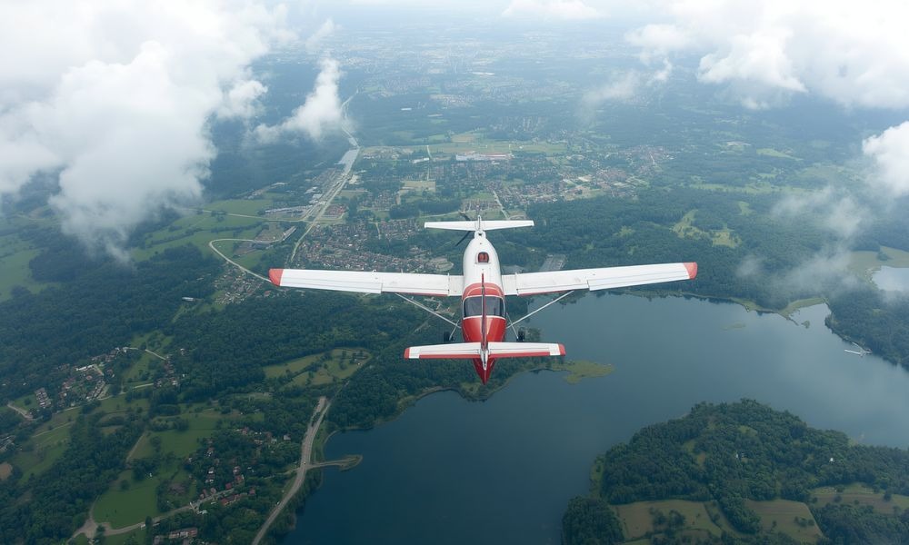 Training aircraft flying above a landscape, representing pilot training for PPL and CPL licences.
