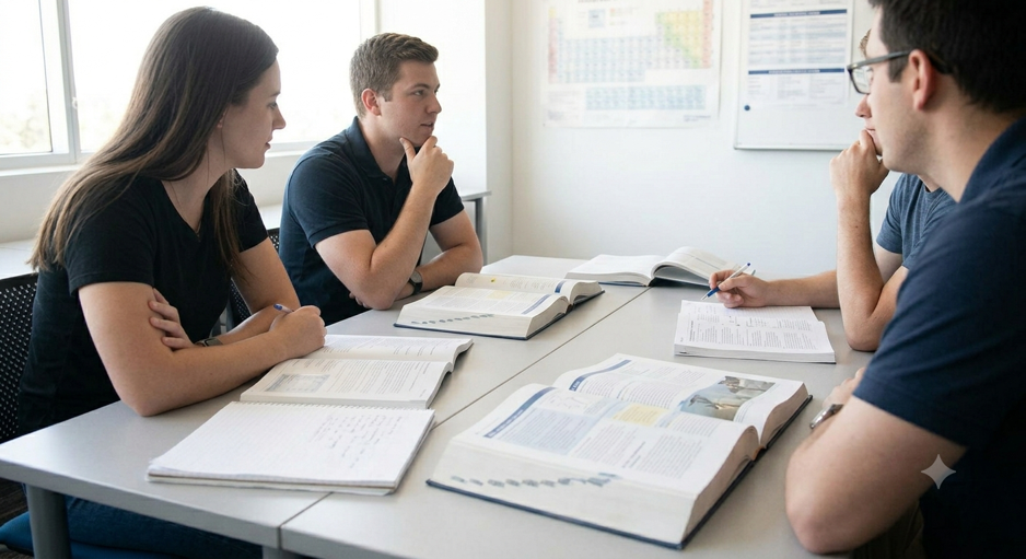CPL students discussing aviation subjects in study group