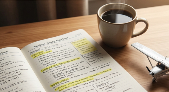 CPL ground training study notes, aviation notebook, cup of coffe on a table