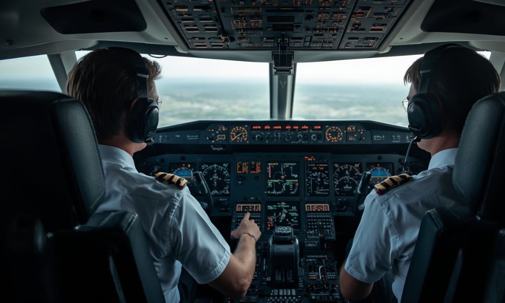 Pilot trainees in aircraft cockpit during flight training
