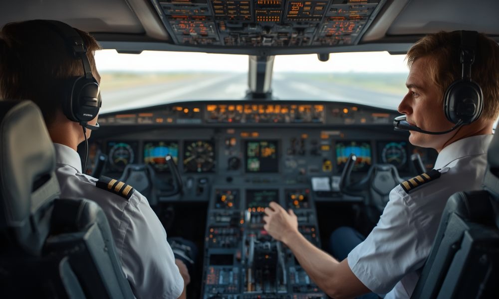 Pilot trainees operating aircraft cockpit during flight training