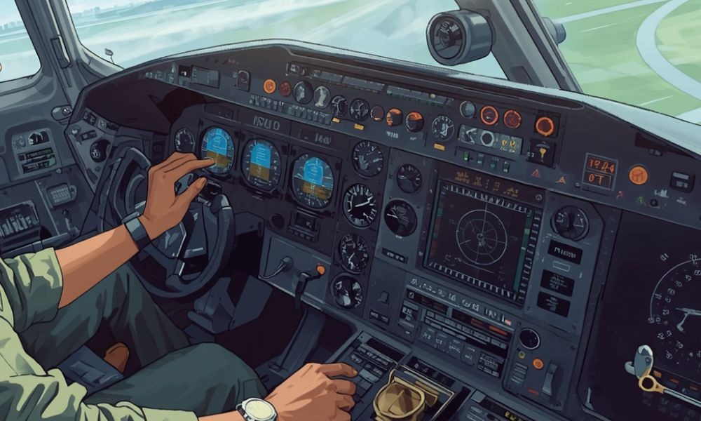 Pilot trainee operating aircraft cockpit controls during flight training