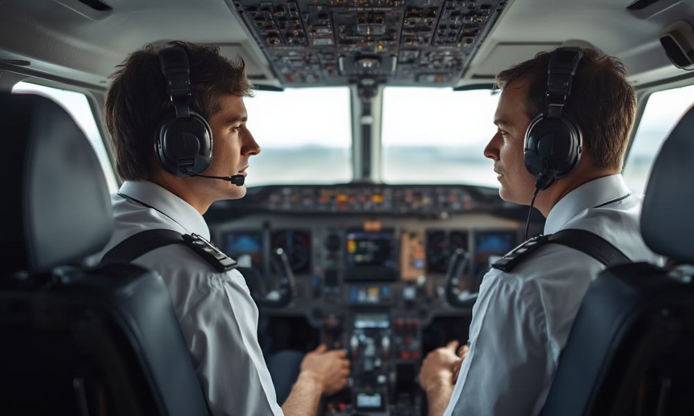 Two pilots in an aircraft cockpit, highlighting the training and career differences between PPL and CPL.