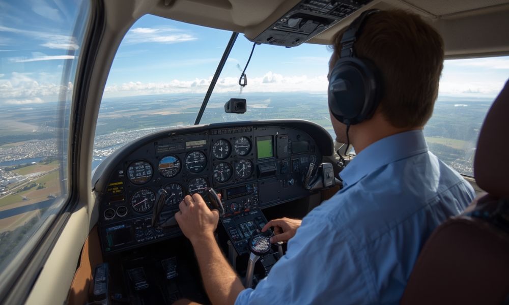 Pilot flying a small aircraft cockpit during flight, representing PPL and CPL pilot training.