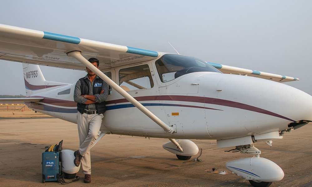 Flight trainee beside training aircraft