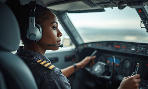 Female pilot in cockpit wearing headset during flight training