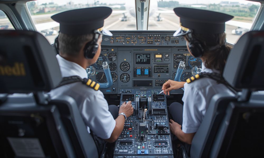 Student pilots operating aircraft controls at VFTI