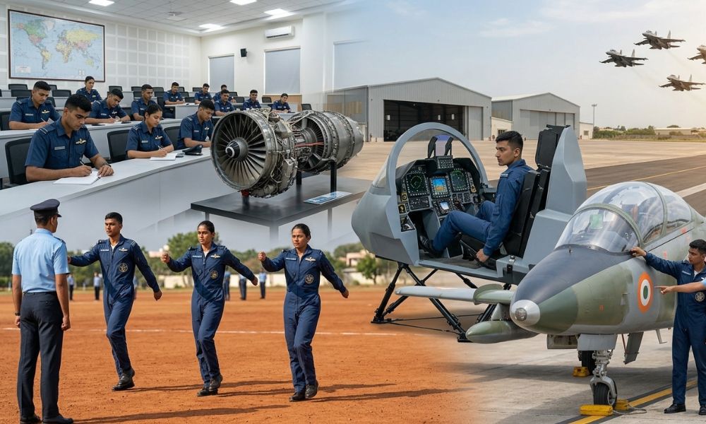 IAF cadets in classroom training, flight simulator, drill practice, and on the tarmac with a fighter jet