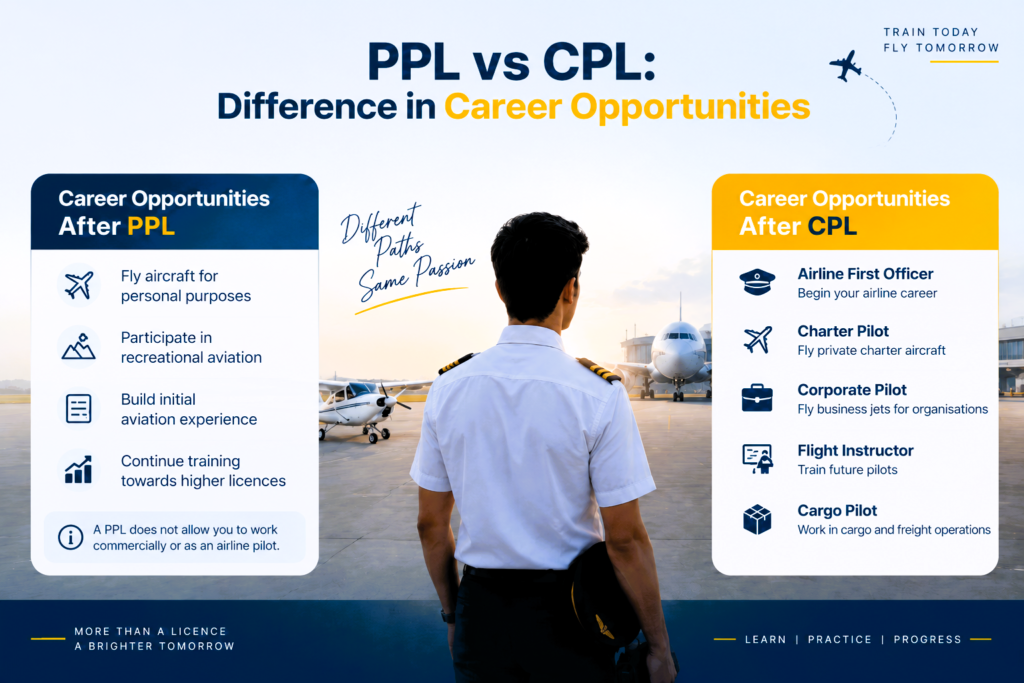 Infographic comparing career opportunities after PPL vs CPL for pilots