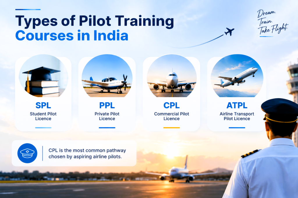 Types of pilot training courses in India: SPL, PPL, CPL and ATPL.