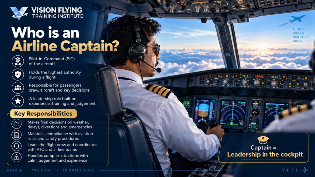 Airline captain in cockpit showing role as PIC, authority, and key responsibilities including weather decisions, safety compliance, and crew leadership.