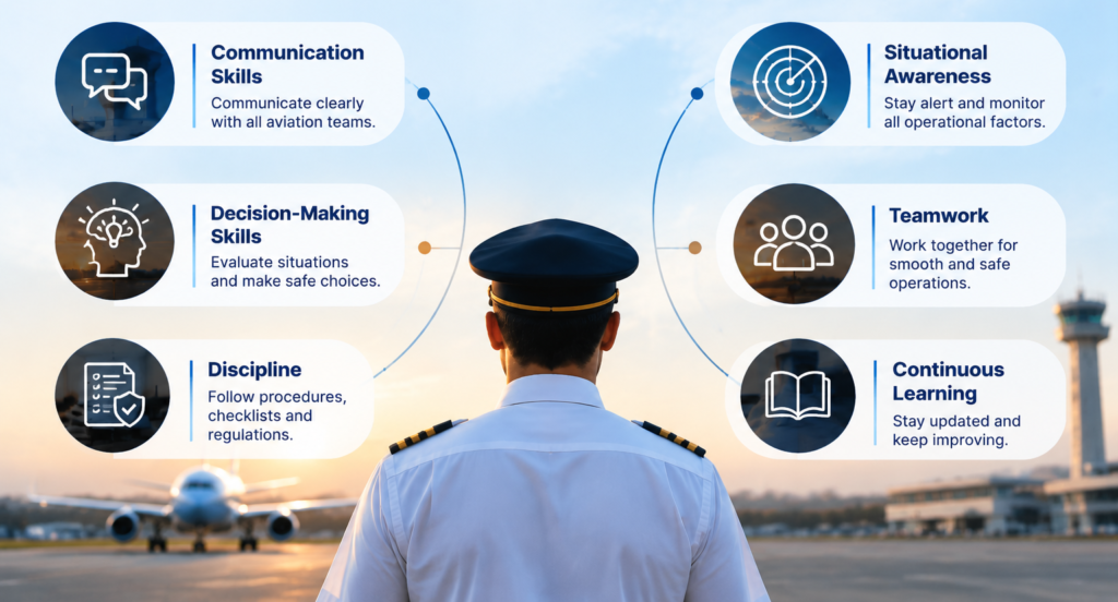 Key skills for aspiring pilots, including communication, decision-making, discipline, situational awareness, teamwork, and continuous learning.