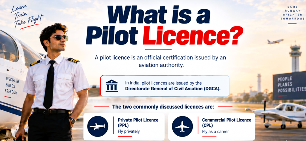 Infographic explaining what a pilot licence is, covering PPL and CPL
