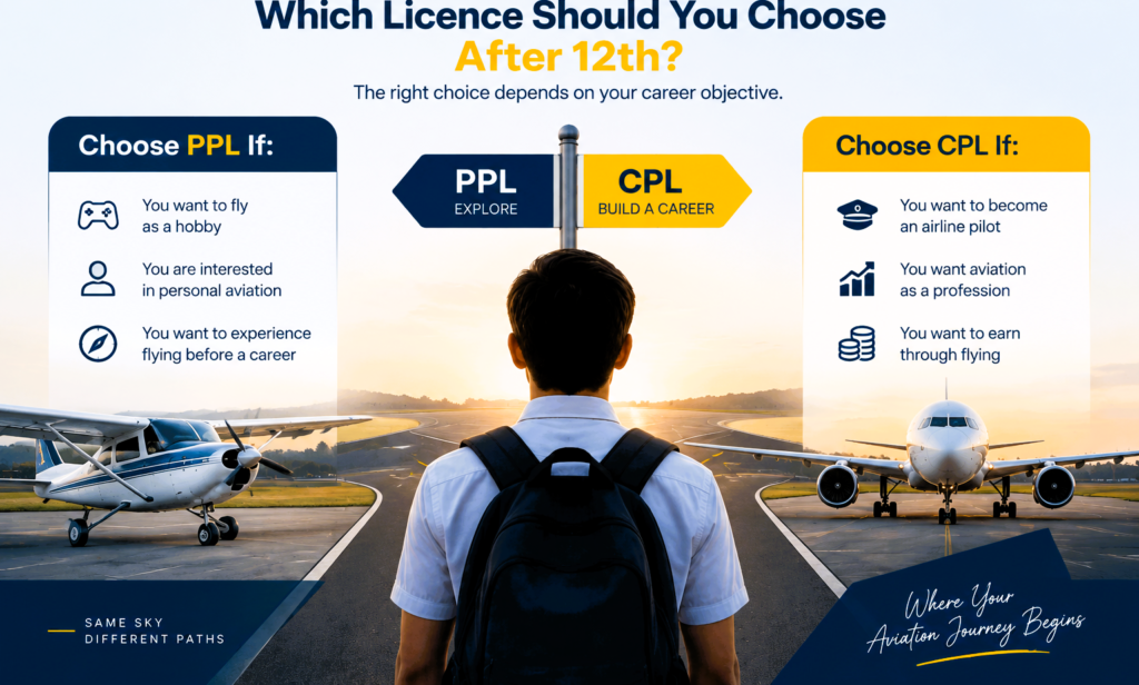 Infographic on choosing PPL or CPL as a pilot licence after 12th