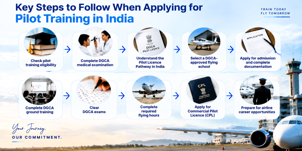 Pilot training pathway in India, from eligibility and DGCA medical exams to flight training, CPL, and airline career opportunities.
