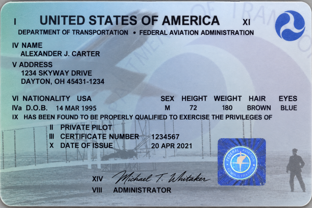 Sample FAA Private Pilot Certificate card for the United States, showing name, address, certificate number, and issue date fields