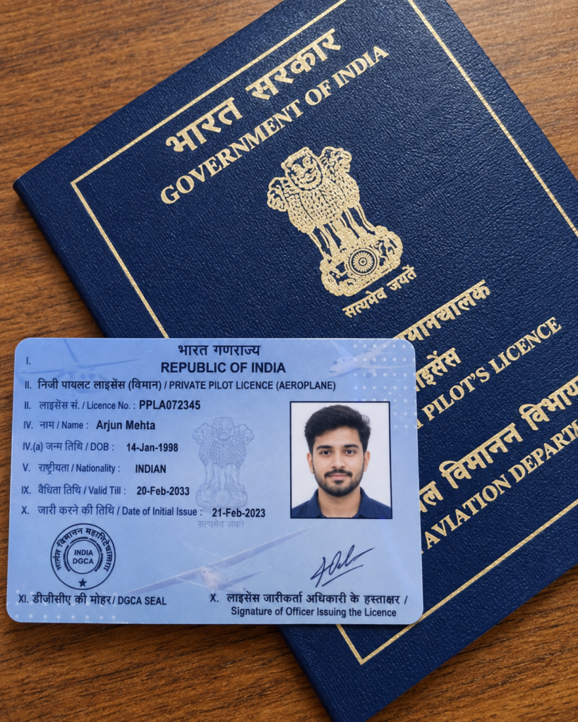 Indian DGCA Private Pilot Licence card placed on a Government of India pilot licence passport-style folder