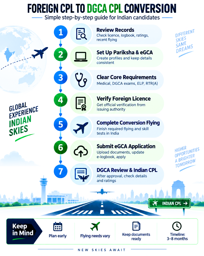 7-step infographic showing foreign CPL to DGCA CPL conversion process for Indian pilots