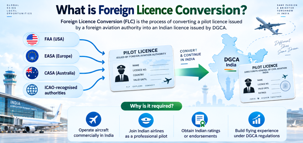 Infographic explaining foreign pilot licence conversion process from FAA, EASA, CASA to DGCA India